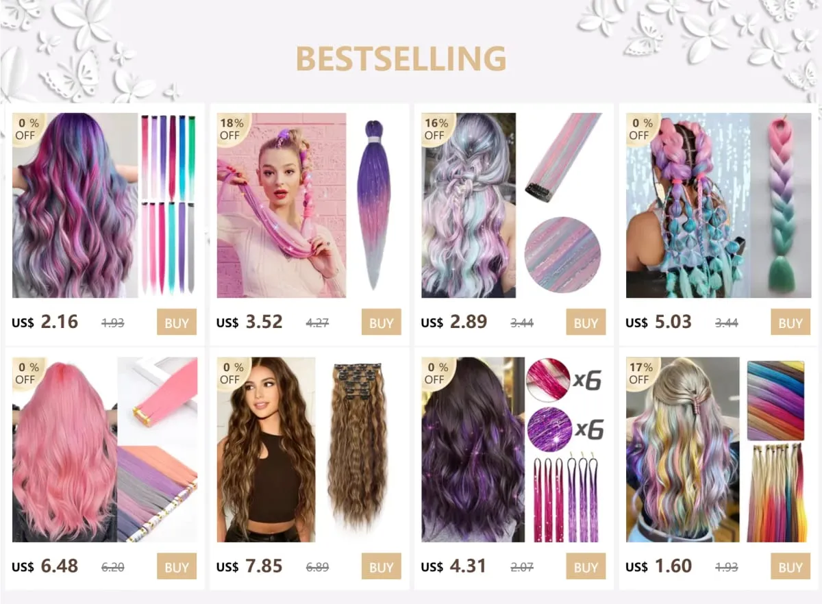 Clip nelle estensioni dei capelli rosa Orpelli misti d'argento Parrucchino sintetico arcobaleno Festività per feste per donne e ragazze — image 8