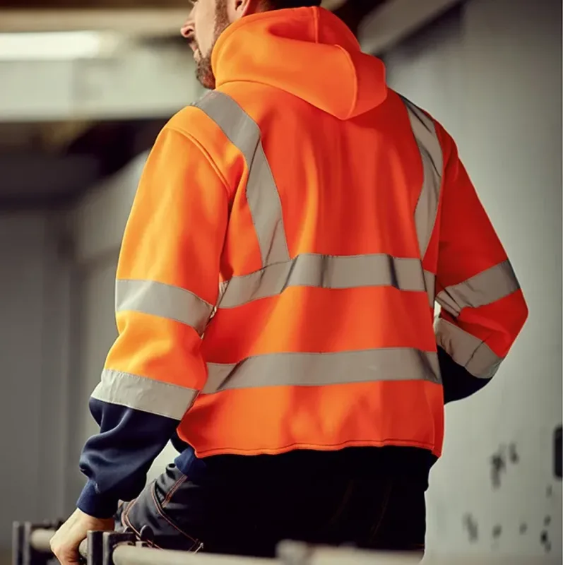 Sudaderas con capucha reflectantes de seguridad para el trabajo para hombre, chaqueta holgada con cordón y cremallera, Jersey fino de lana con capucha, abrigo, sudadera de trabajo informal — image 10