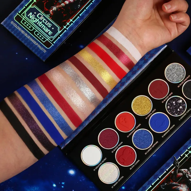 อายแชโดว์ Palette 12 สี Chameleon Metallic Silver Shimmer Black Goth Clown ฮาโลวีนยาวแต่งหน้า Vegan Eye 17g