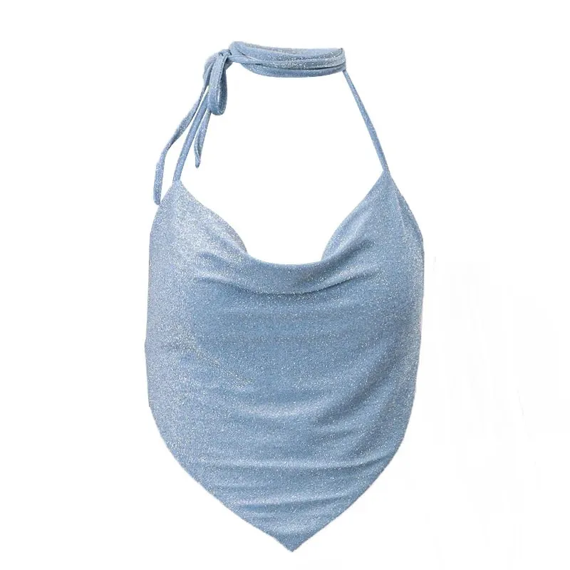 Halter Top Glitzer Tanks 2024 Sommer Outfits Blau Helle Seide Camis Geraffte Top Crop Rückenfreie Westen Sexy Tops Abgeschnittene Kleidung