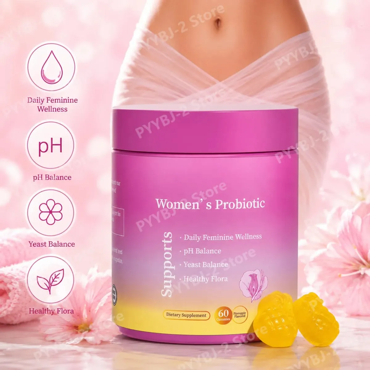 Perisa Nanas Gummies Probiotik dengan Prebiotik untuk Sokongan Kesihatan Usus Harian Mengekalkan Baki PH 60pcs Setiap Botol — image 1