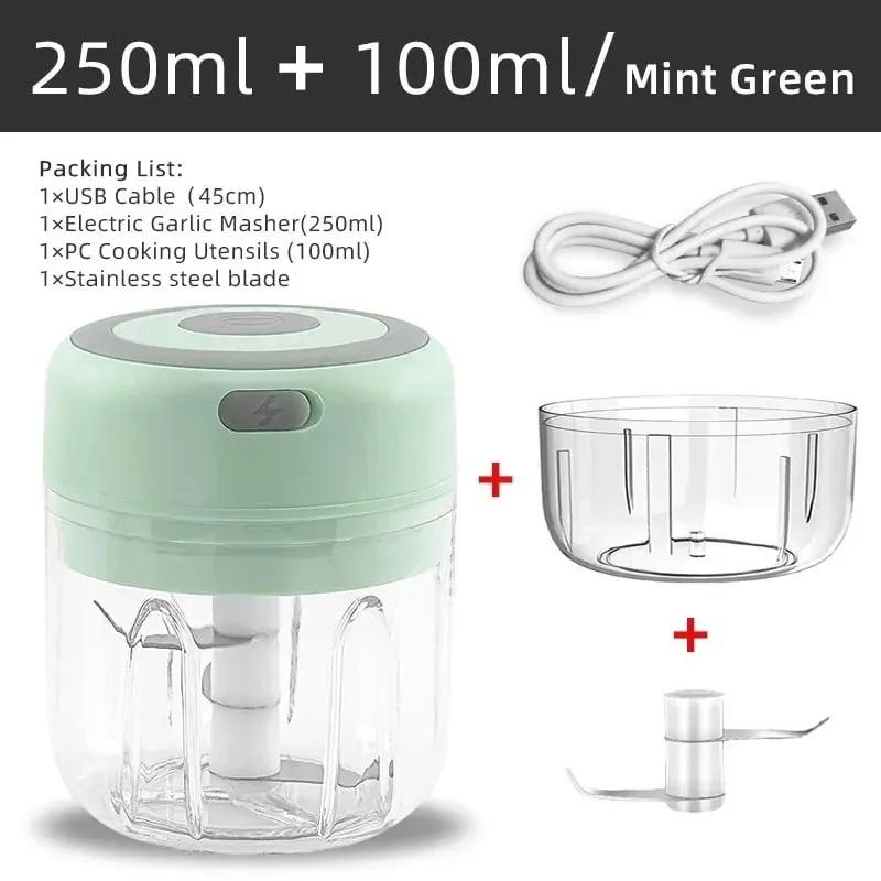 Penghancur Bawang Putih Elektrik Mini Tanpa Wayar 100ml/250ml Chopper Mudah Alih Pengecas USB Halia Cili Penghancur Sayuran Mesin Dapur — image 11