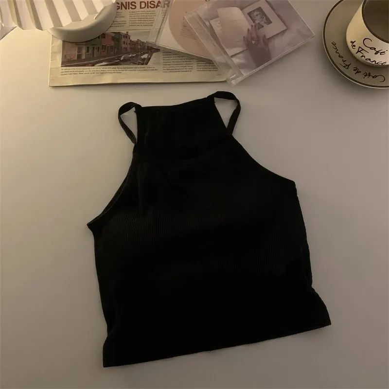 Canottiere da donna in versione coreana con filato solido, moda casual, top corto con imbottitura sul petto, senza maniche, canotta di base
