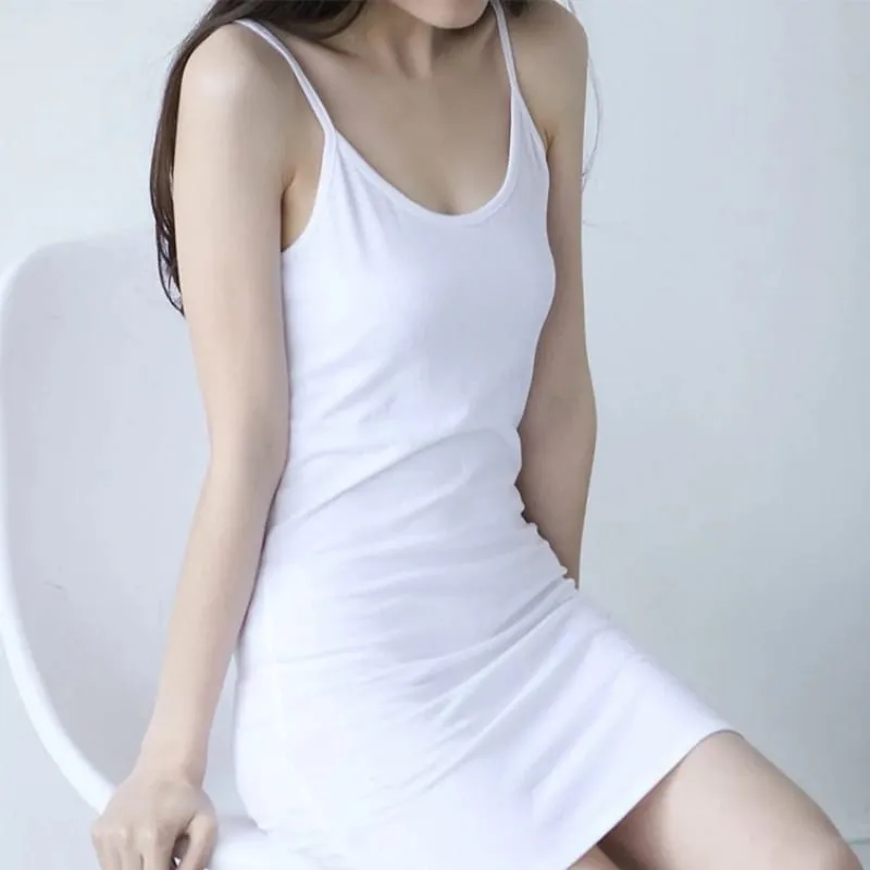 Sexy Spaghetti Strap Camisole Mini Dress Women Bodycon Club Solid Cotton Party Dresses Summer New Pure Color Sundress платье — image 4