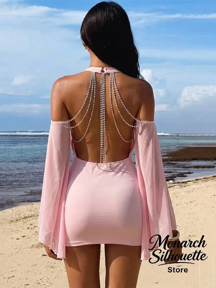 Gaun Pendek Lengan Batwing Tanpa Belakang Wanita Seksi Pejal Off Bahu Pinggul Memeluk Gaun Berlipat 2026 Musim Bunga Gaun Pesta Wanita — image 4