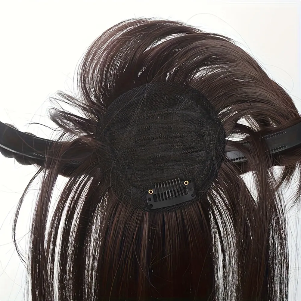 Extensions de cheveux synthétiques lisses au look naturel – Bandeau tressé chic avec surmatelas et frange à clipser pour femme — image 2