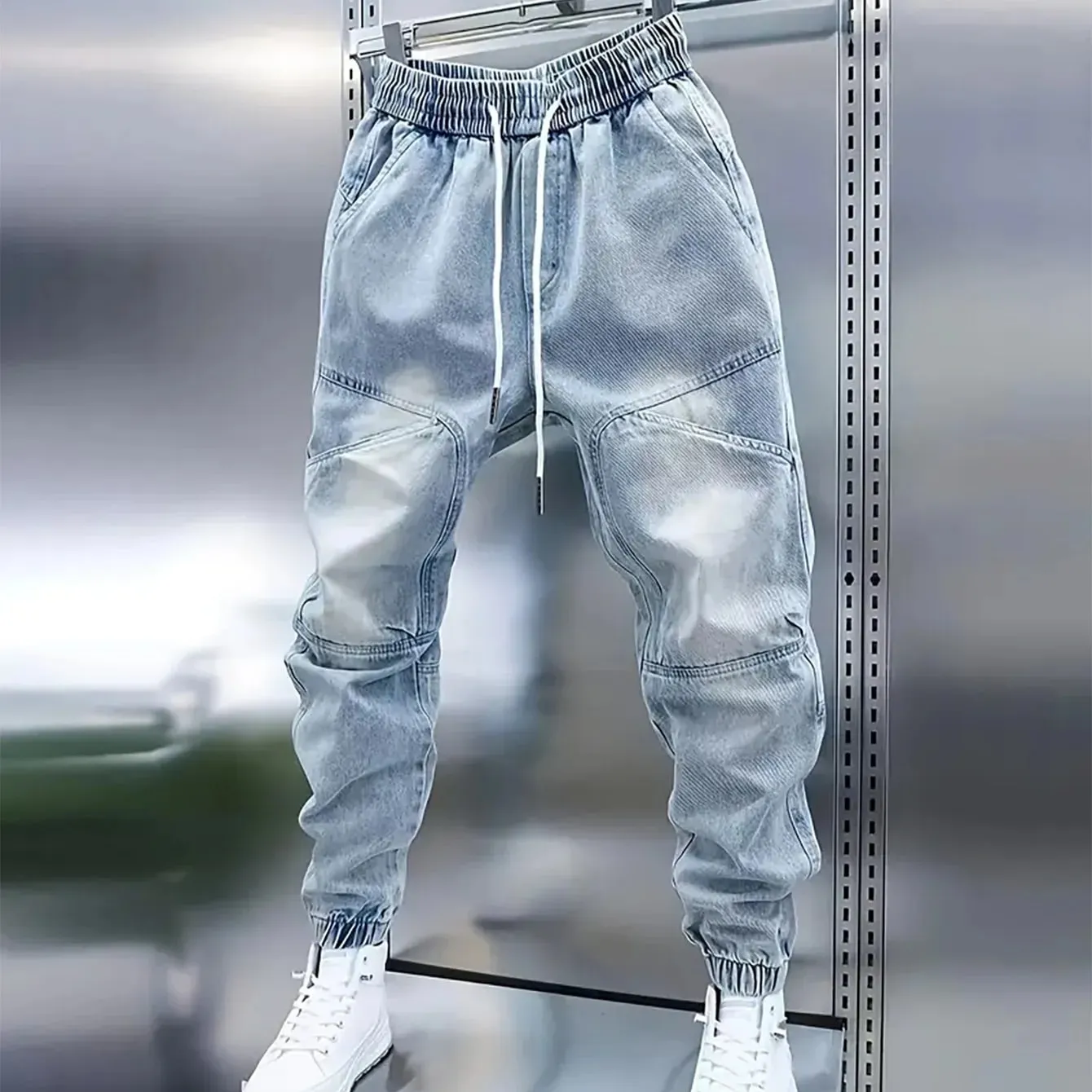 ผู้ชายใหม่ Drawstring เอวยางยืดสีฟ้าอ่อน Cuffed Baggy กางเกงยีนส์