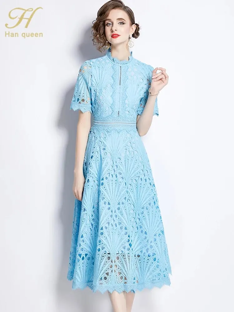 H Han Queen printemps nouveau élégant décontracté travail robes de soirée Floral Crochet évider dentelle Patchwork décontracté bureau robe mi-longue — image 3