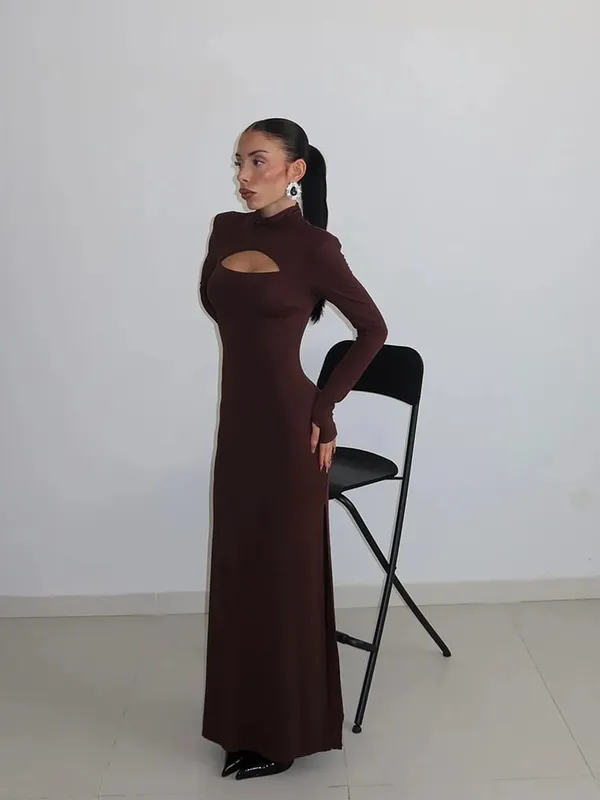 Ahagaga Sexet Skede Dame Maxi Kjoler Solid rullekrave Regular Langærmet Udhulet Slim Fit Bodycon Fest Vestidos Robes — image 6