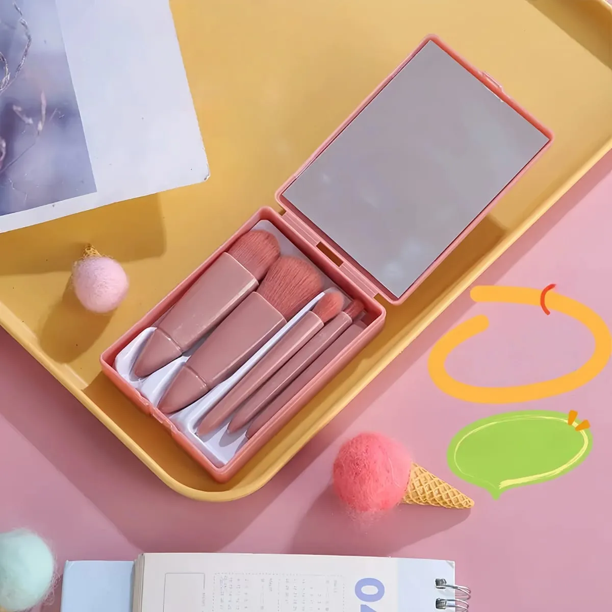 Reisefreundliches 5-teiliges Make-up-Pinsel-Set mit Taschenspiegel und Mini-Etui. Vielseitige Lidschatten- und lose Puderpinsel — image 4