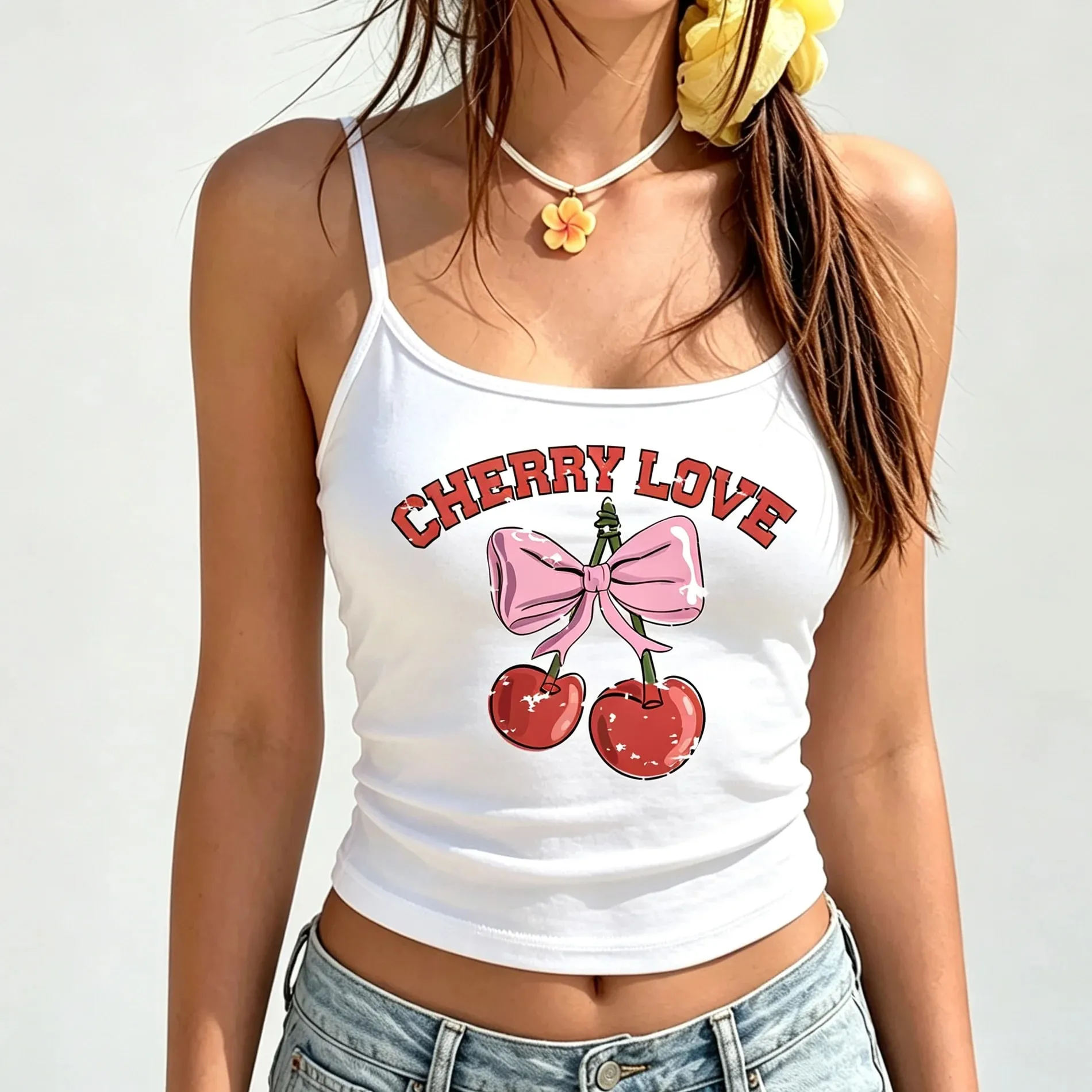 Top Tank Grafik Cherry Merah Wanita Musim Panas Kamisol Spaghetti Strap Rompi Tanpa Lengan Kasual Percutian Pantai Tops Gadis Sejuk Streetwear