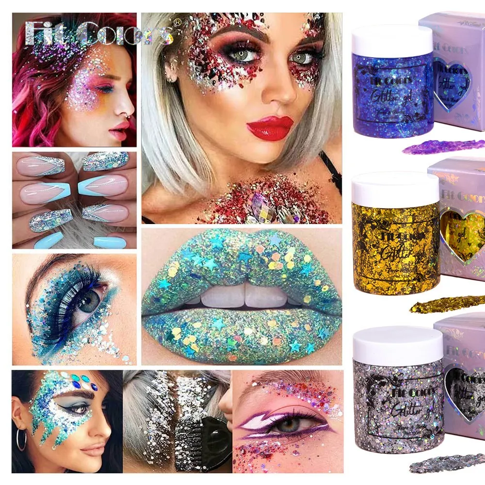 100 ml Glitter Gel Øjenskygge Flydende ansigtskrop Large Pailletter Gel Multifunktionel Farverige Løse Pailletter Creme Festdekoration