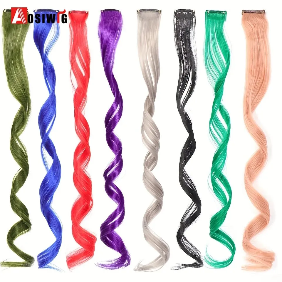 Extensions de cheveux synthétiques lisses et longues à reflets arc-en-ciel, 22 pouces, Clip en une seule pièce, ombré rose violet vert jaune pour femmes — image 6