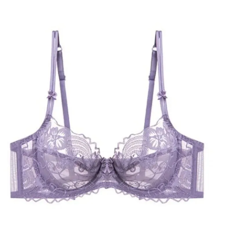 Schickes französisches, ultradünnes Spitzen-Dessous-Set für große Brüste, durchsichtiger Bügel-BH, kleiner Brustlift, elegantes, weiches, feminines Set S-XL