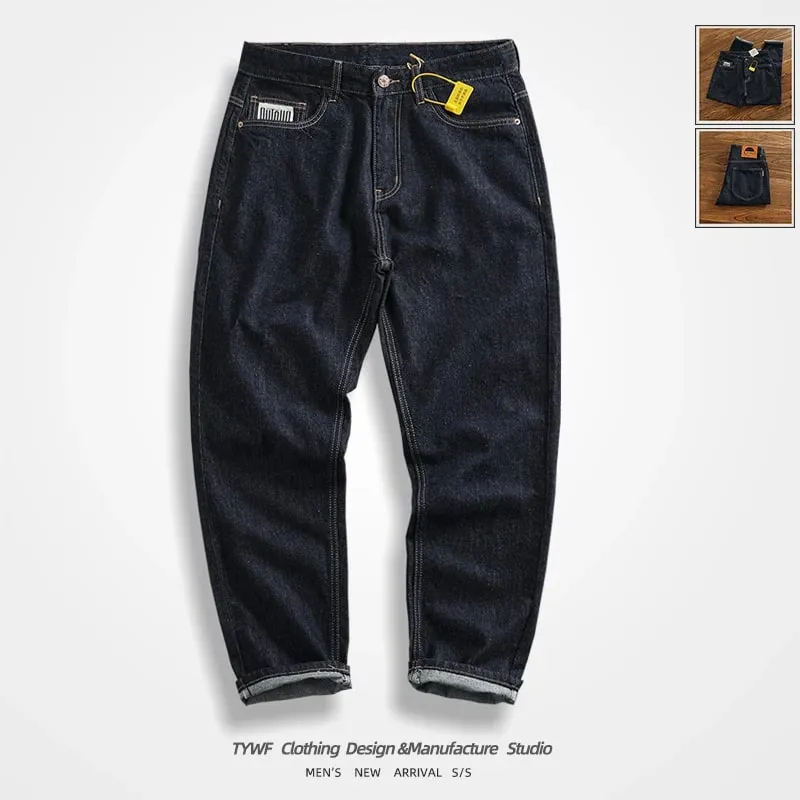 Anti-fading solid color general wash primary color denim jeans men's dark American casual loose straight cone pants — image 9