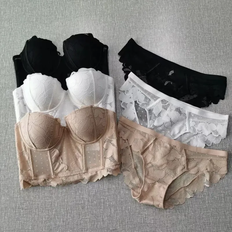 メッシュレースプッシュアップハーフカップブラジャーセット下着取り外し可能なストラップ付き 7 ブレストブロードサイドシェイプブラジャー女性美しいセクシーなランジェリー — image 3