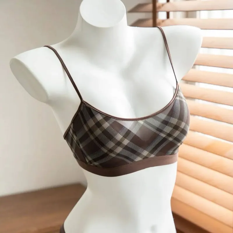 Dámské americké retro kostkované intimky set tenká push up podprsenka proti ochabování podpaží podpora tuku pohodlí každodenní nošení — image 10
