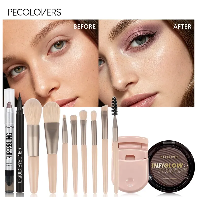 Collezione di trucco per occhi da 12 pezzi Ombretto luccicante Eyeliner liquido Pennelli per trucco per occhi morbidi Set di cosmetici per la bellezza quotidiana degli occhi