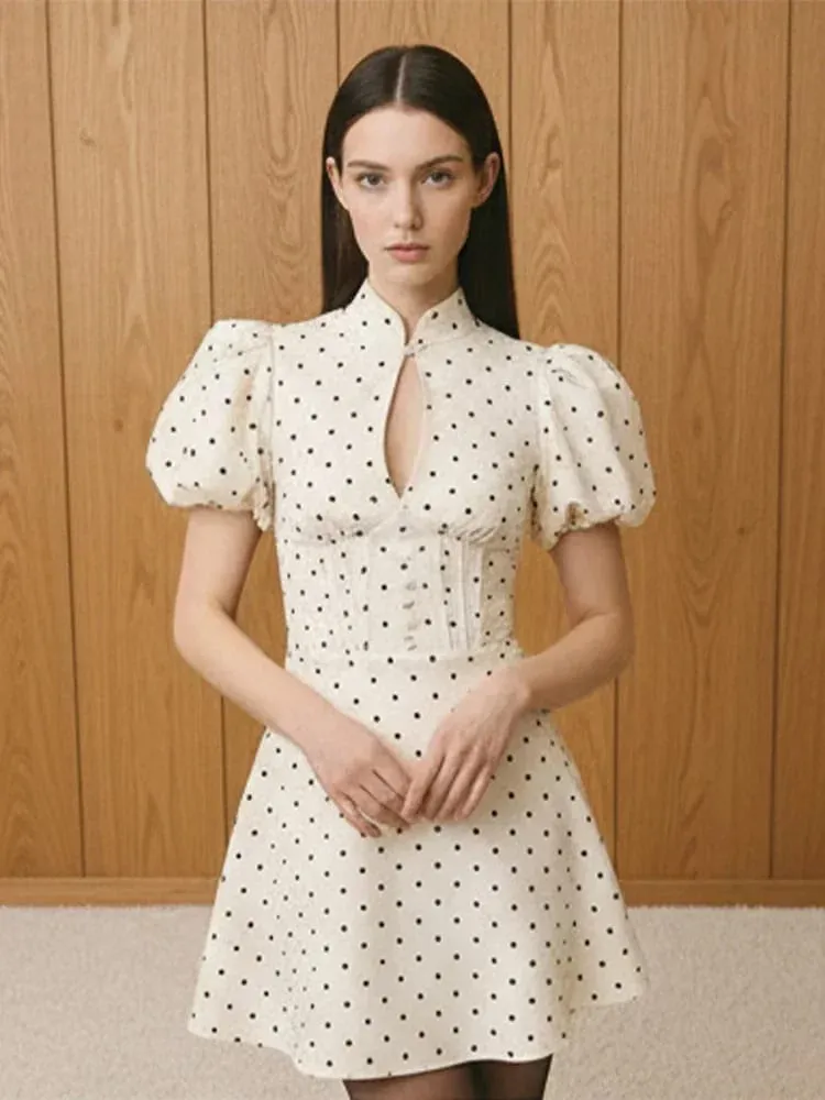 Retro Polka Dot Mini A-Linie Kleid Elegante Stehkragen Puff Kurzarm Taille-betonte Kleider 2026 Neue Dame Party kleider — image 4