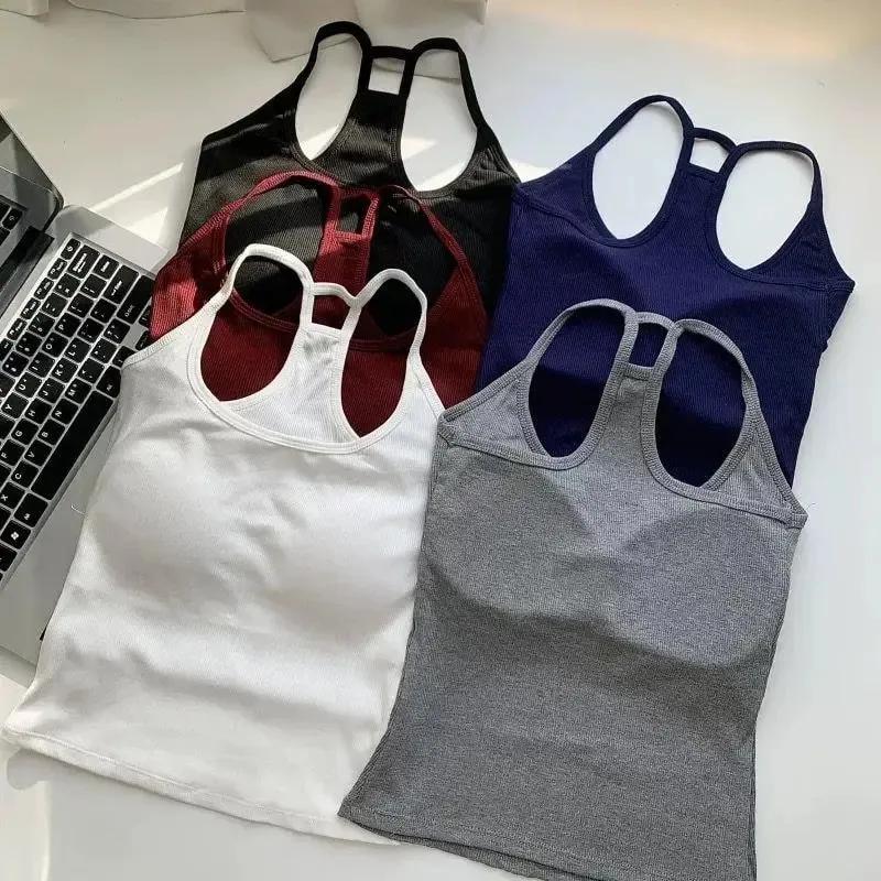 Korean Women's Solid Color Spaghetti Straps Sleeveless Slim Camisole With Chest Pad Wear Base Layer Summer Outdoor Wear — image 2