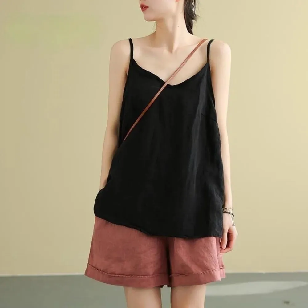 Top básico de algodão com alça espaguete, decote em V, sem mangas, regata solta, respirável, camis, roupa de verão — image 11