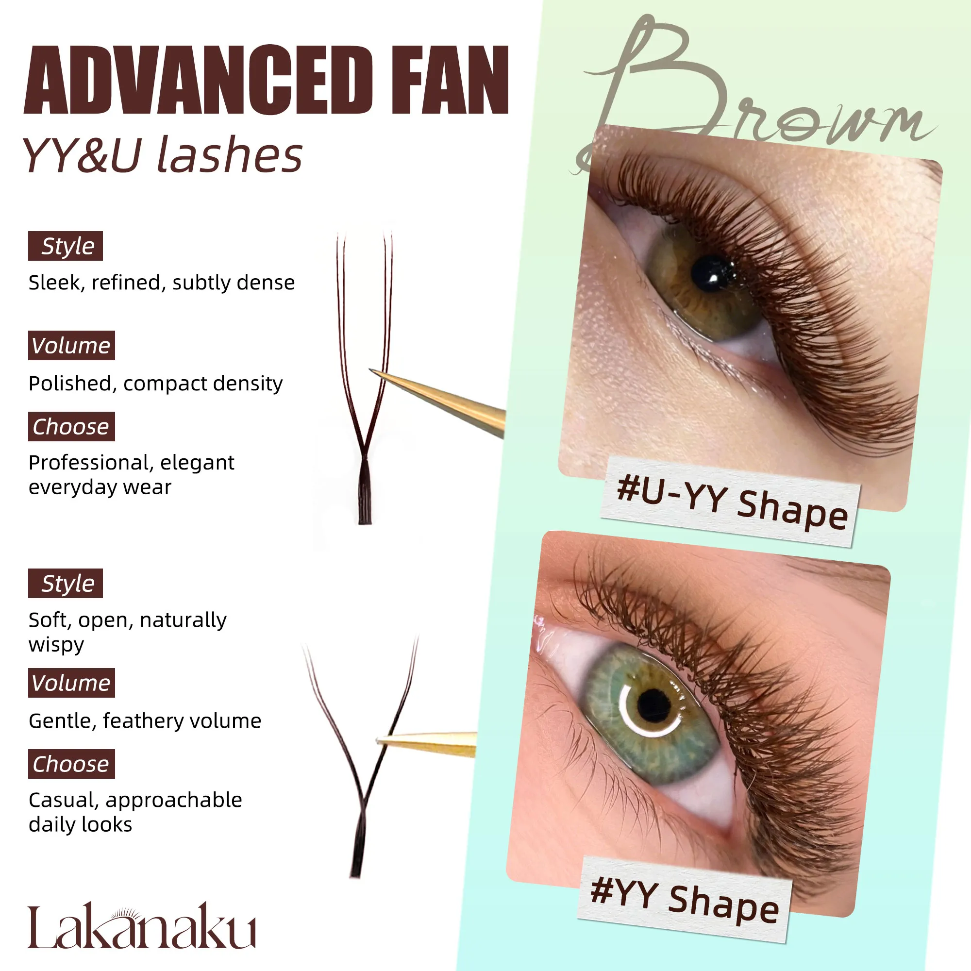 สีน้ำตาลเข้ม U รูปร่าง YY Lashes สีน้ำตาล Premade ตาขนตาส่วนขยาย Fio U 2D Clover Cilios