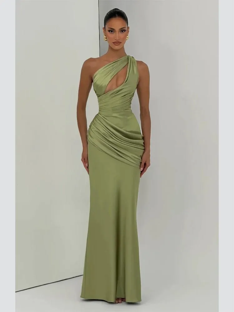 Cetim um ombro recorte vestido longo feminino elegante sólido ruched sereia ajuste fino flowy vestido 2026 senhora vestidos de noite verão — image 2