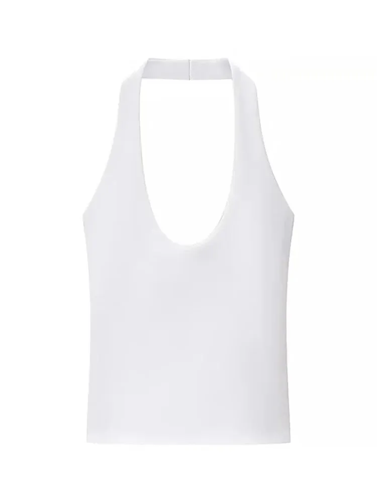2025 Letnie nowe damskie serie w jednolitym kolorze Halter Collar Slim Backless Basic Top na wszystkie mecze — image 6