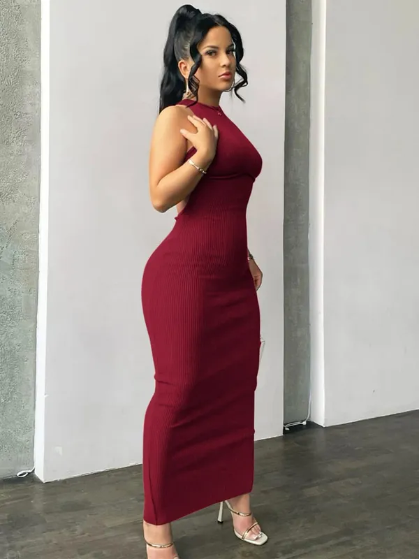 Hugcitar Ribbed Solid Hollow Out Tanpa Belakang Tanpa Lengan Seksi Celah Pakaian Mini Bodycon 2025 Musim Bunga Pakaian Wanita Pesta Elegan Y2K — image 9