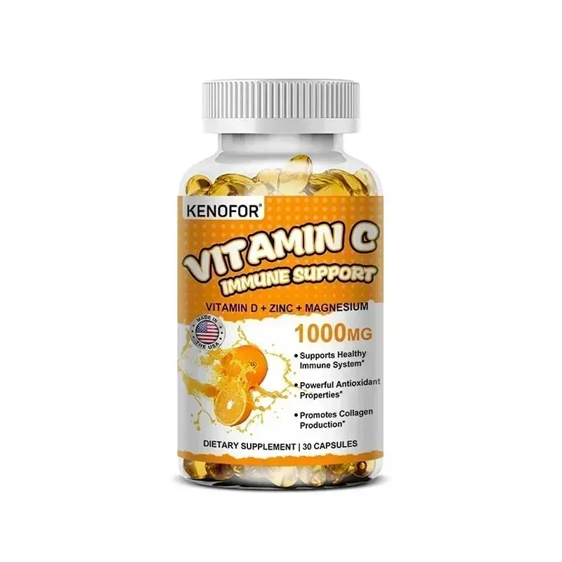 Cápsulas de vitamina C, antioxidante, suporte ao sistema imunológico, produção de energia celular, brilho da pele e síntese de colágeno
