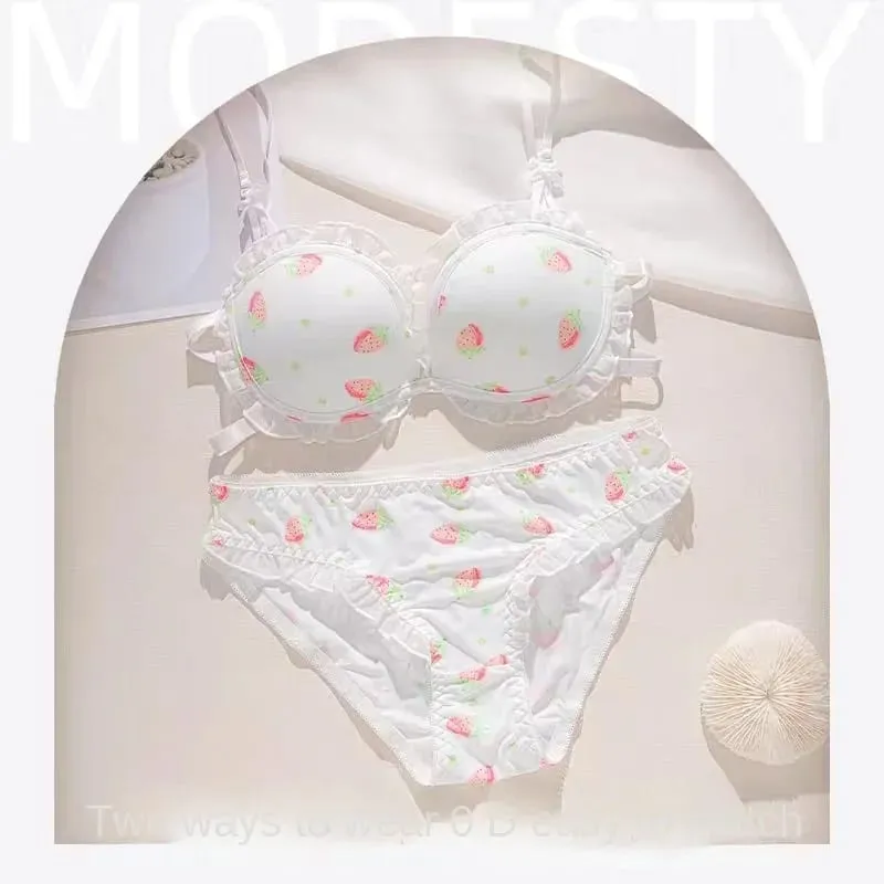 Strawberry 100% Lolita Collection Small Breasts Thin Cartoon Print Underwear Without Wire Back Pure Desire Bra Cover — image 12