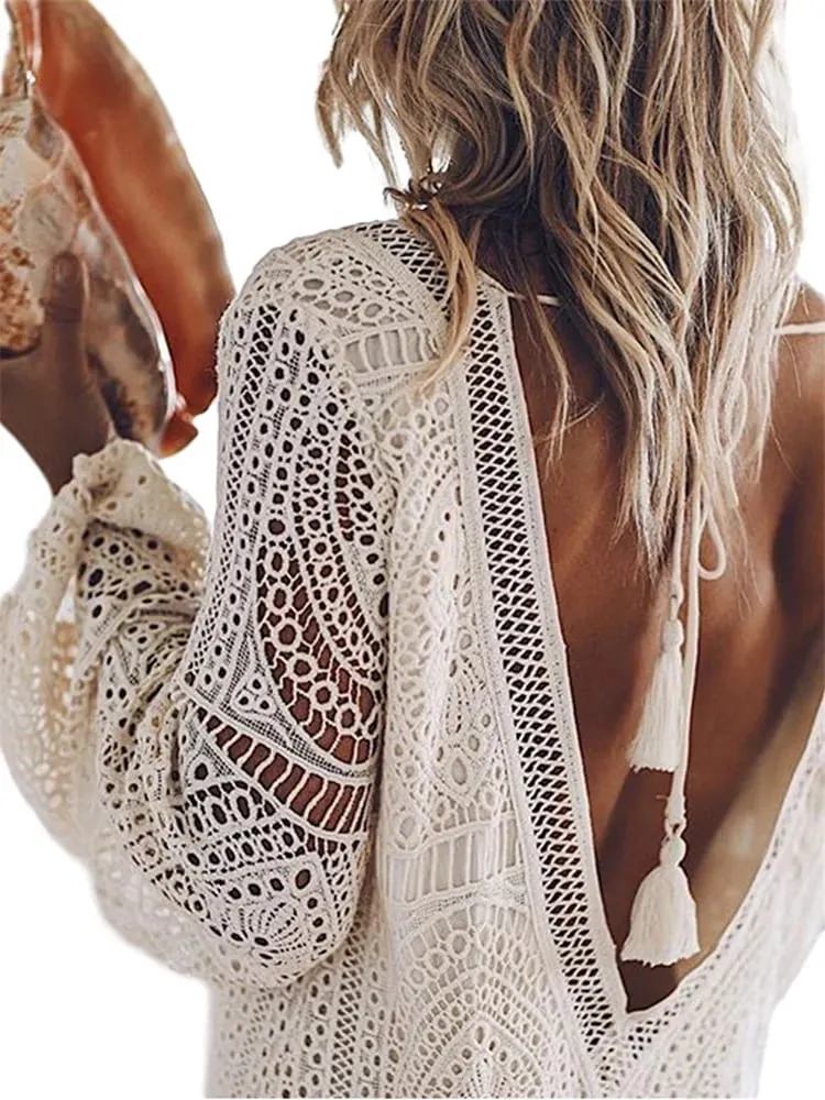 Women's Lace White Dress Long Lantern Sleeve Deep V-neck Backless Mini Dress Casual Elegant Fall Dresses — image 4
