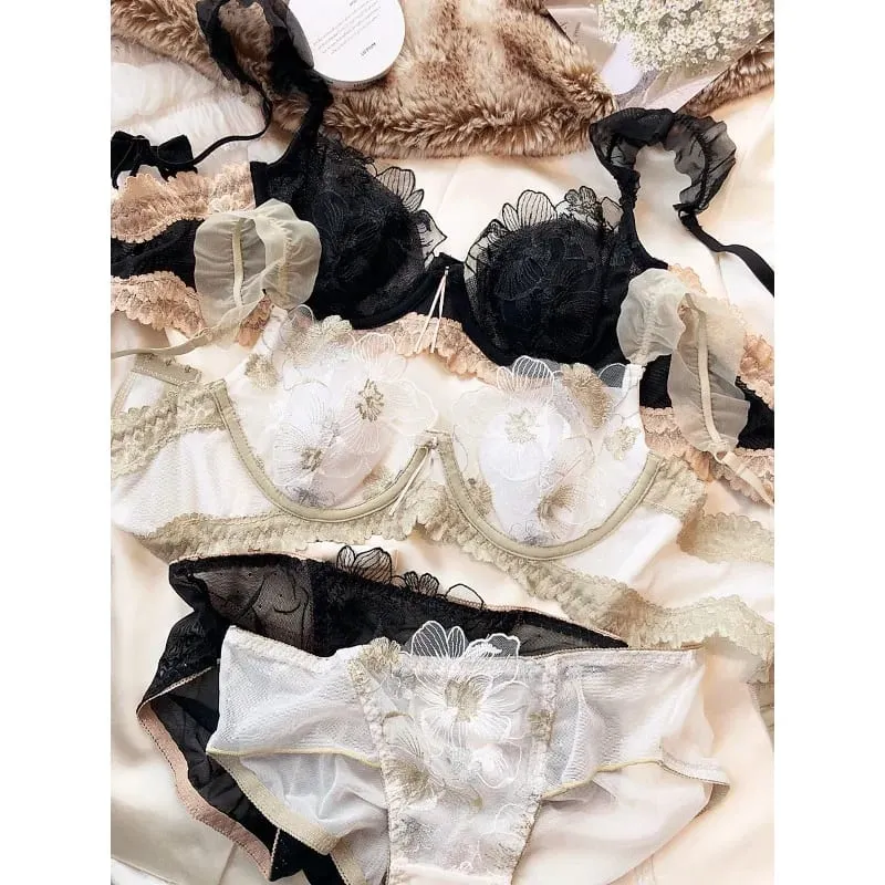 French Elegant Embroidered Lace Minimizer Bra Support Soft Underwire Rabbit Ear Cup Sexy Pure Lingerie Set Malaking Bust S-XL Tushy