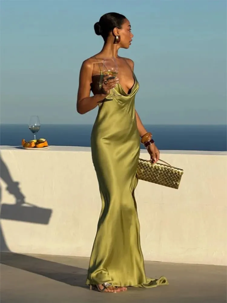Solid tynd spaghetti-strop kappe-hals-slip lang kjole kvinder ærmeløs høj slids slim fittede aftenkjoler Elegant festoutfit — image 3