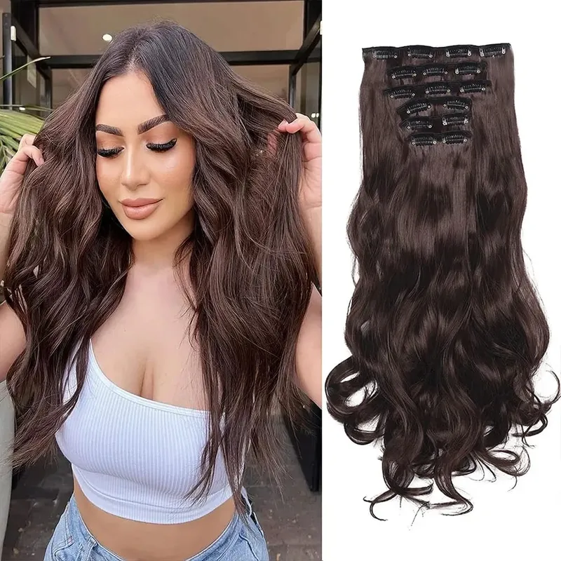 Clip in dlouhé vlnité syntetické vlasy prodlužování 24 palců černé 6ks tlusté příčesky Fiber Double Weft vlasy pro ženy — image 9