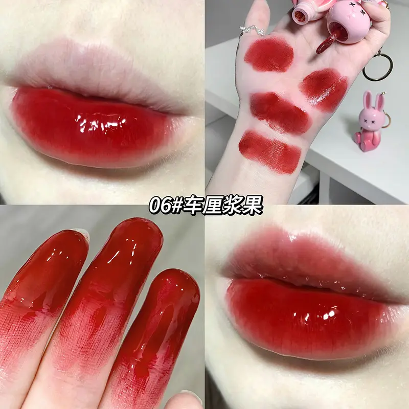 귀여운 토끼 거울 립글레이즈 키 체인 립스틱 방수 립글로스 오래 지속되는 스틱 컵 여성 립글레이즈 화장품 6 색