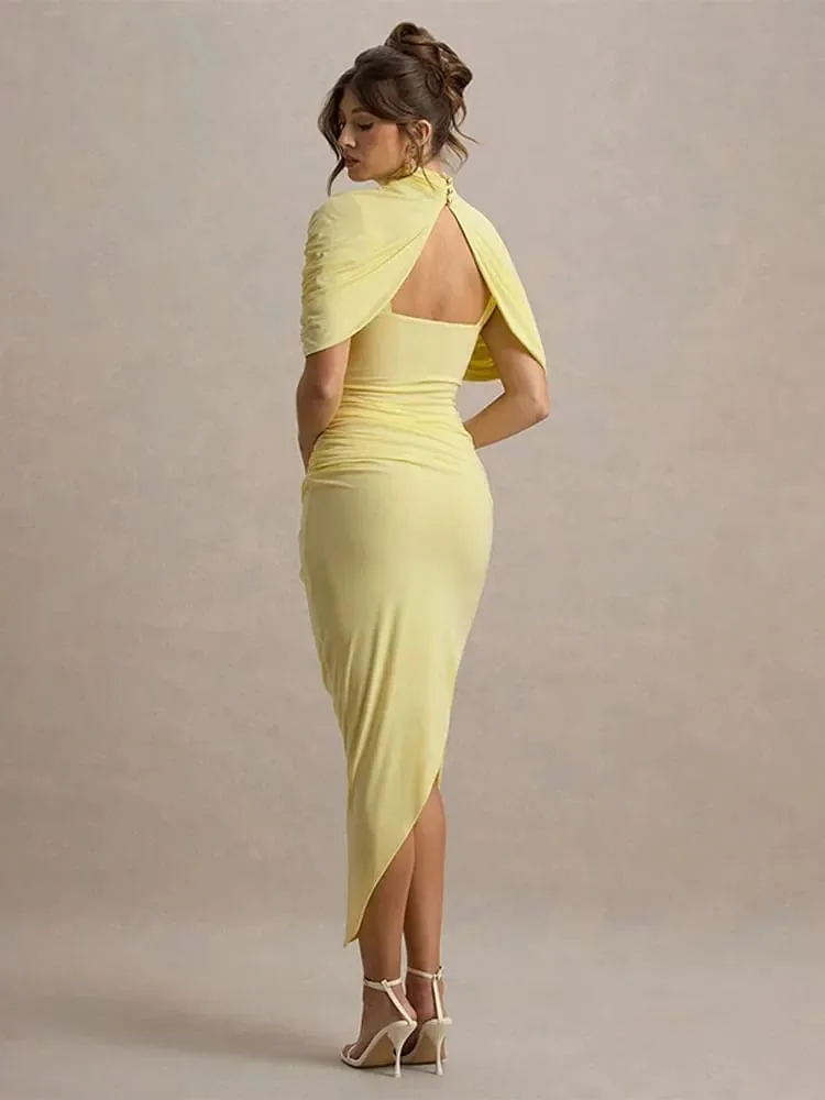 Irregular Pleated Ruched Maxi Dress Women's Backless Turtleneck Slim High Waist Robes Summer Lady Chic Street Vestidos 2025 New