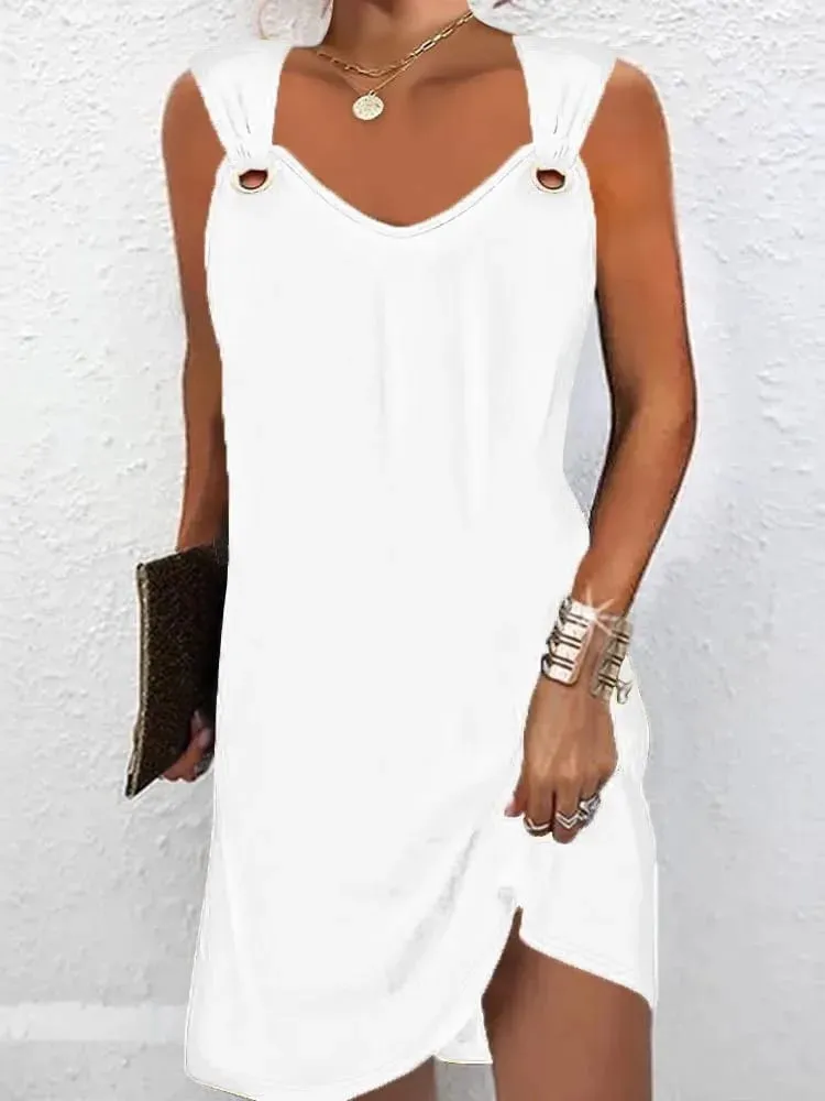 Women Summer Casual Dresses 2025 Elegant Simple Style Solid Color Metal Button V-neck Sleeveless Dress Female Sexy Midi Vestidos — image 1