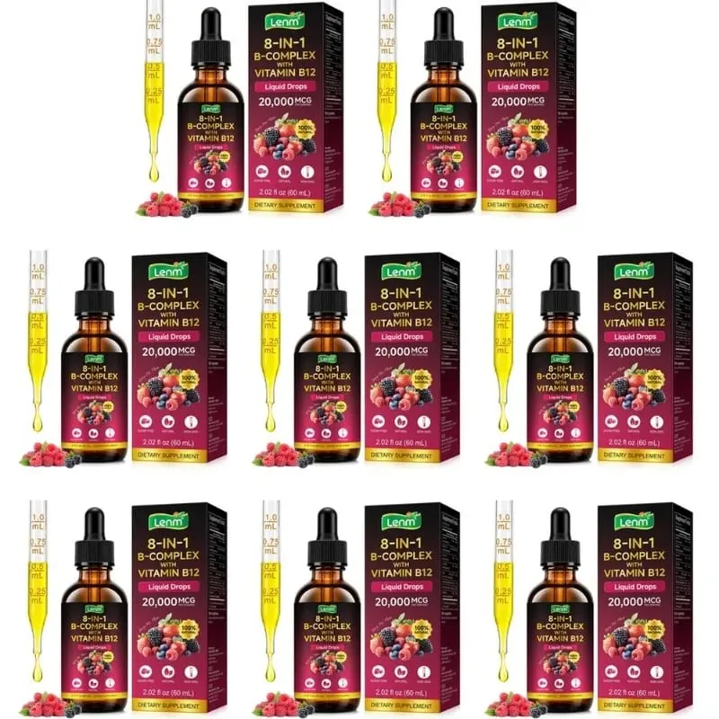 Lenm B Kompleks Sıvı Damlaları 8'i 1 arada B12 ile 2000mcg B1 B2 B3 B5 B6 B7 Enerji ve Metabolizma Desteği için Folat Şekersiz 60ML