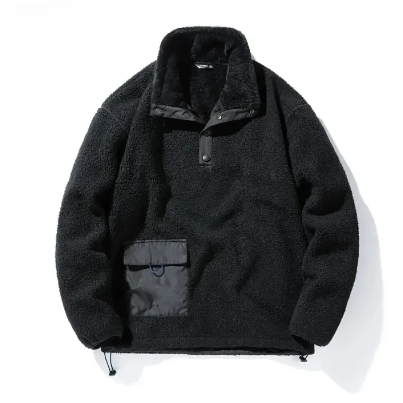 Nye sweatshirts til mænd Fashion Patchwork Lomme Fleece-foret Varm Pullover Overdele Polar-fleece til mænd Løse Casual Hættetrøjer Frakker — image 6