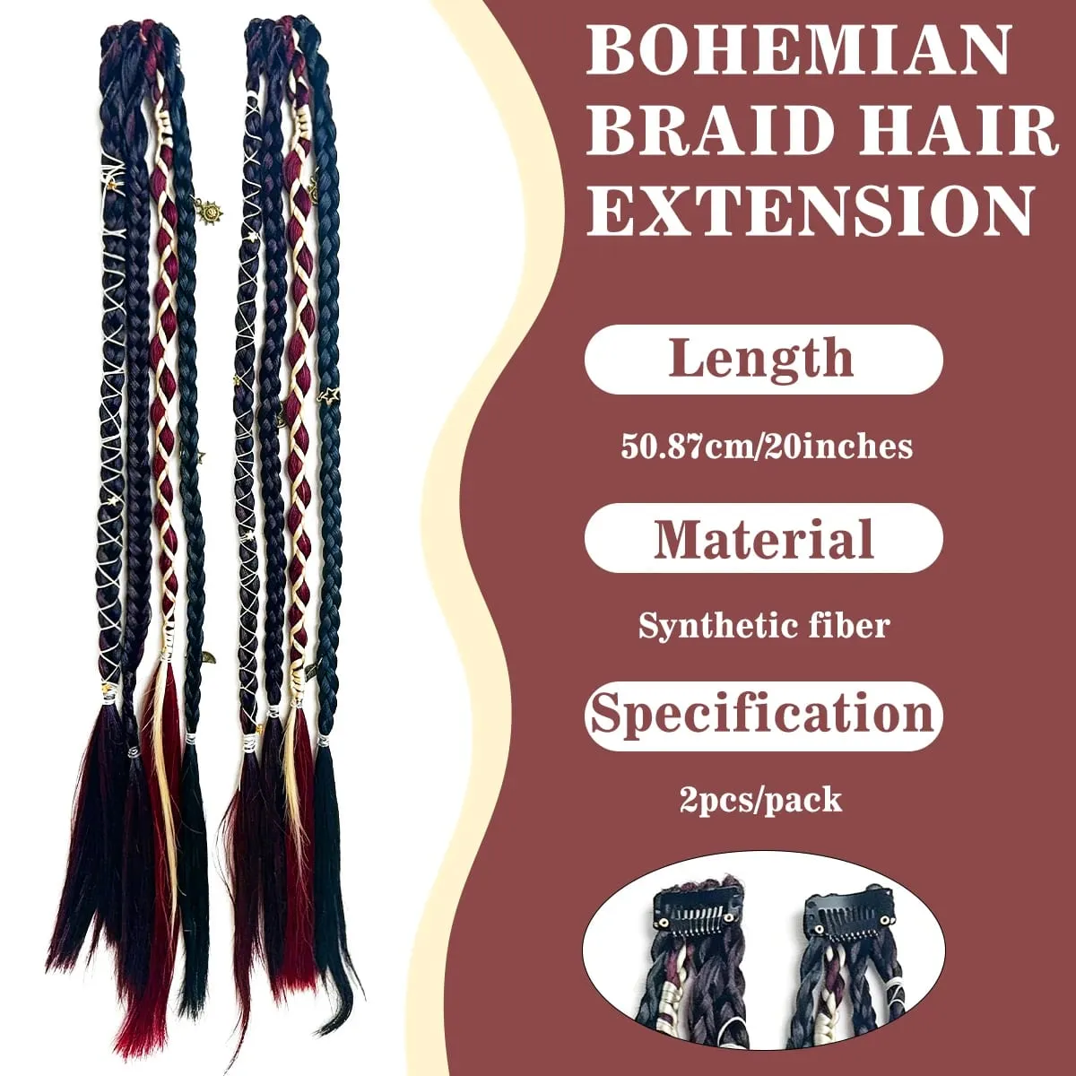 Box Braids Hair Extensions Pre-Braided Synthetic Colored Twist Braids with Hair Accessories for Women Hip Hop Punk Festival — image 3