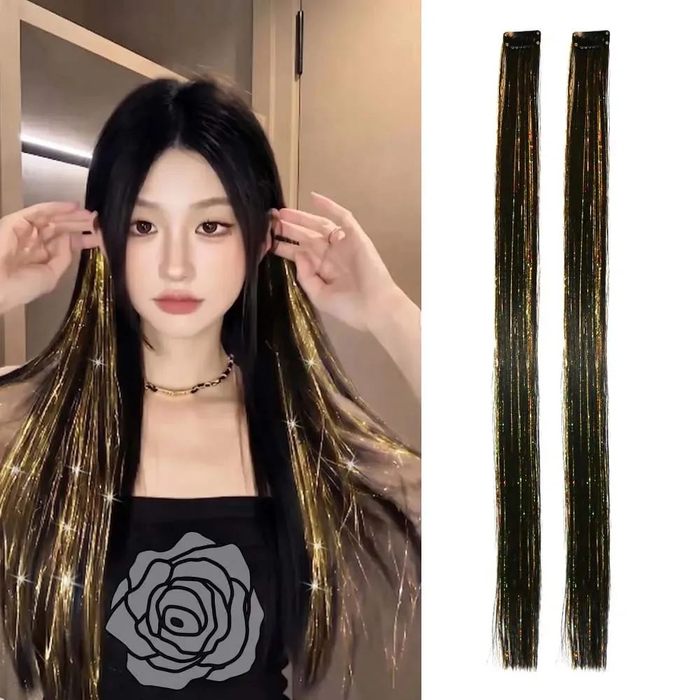 2PCS light brown with tinsel Hair Extensions 24inch Sparkling Hair Clips Multicolored Clip In On Hair Extension Synthetic Hair — image 10