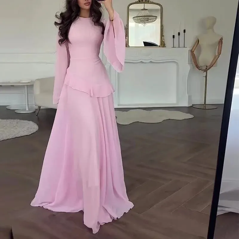 Women Chiffon Solid Ruffled Dress Flare Sleeve Round Neck 2025 New Elegant Maxi Gown Evening Party Fashion Holiday Lady — image 9