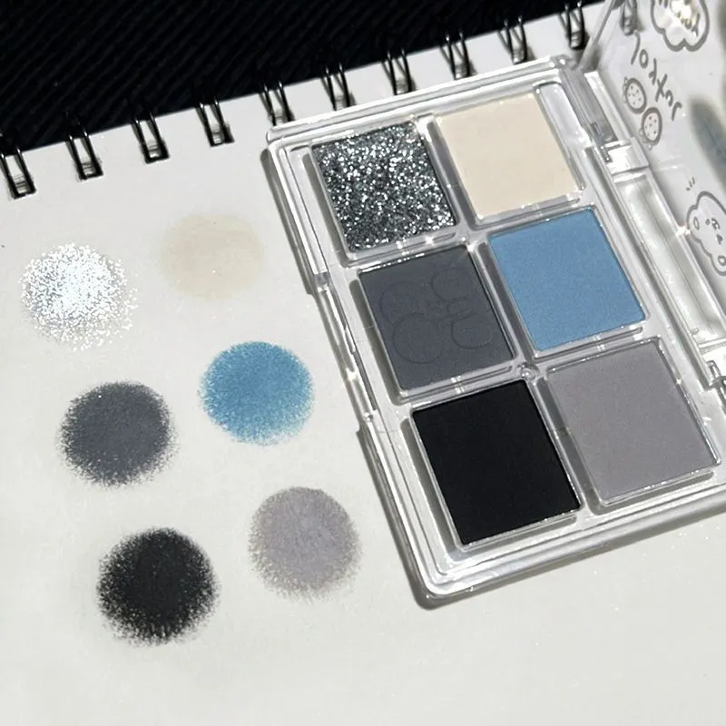 Tavolozza di ombretti fumosi blu grigio opaco Tavolozza di ombretti acrilici argento glitter a 6 colori Tavolozza di ombretti a lunga durata Cosmetici per il trucco degli occhi