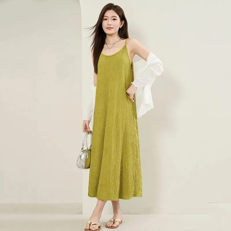 ผู้หญิงสปาเก็ตตี้ชุดสาย 2026 ฤดูร้อนสีทึบหลวม Long Beach Sundress Lasy Elegant ชุดราตรี Midi Dresses — image 4