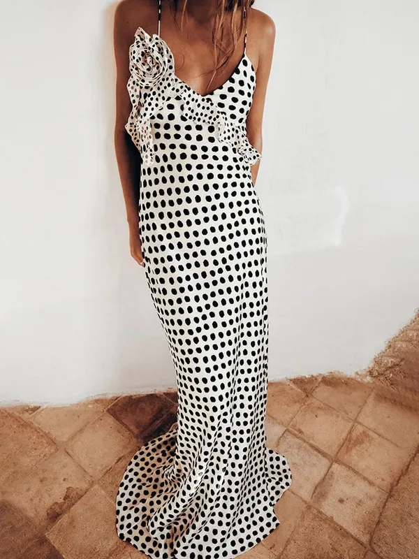 MO Sexy Rückenfreies Drucken Punkte Blume Frauen Maxi Kleid Spaghetti Strap Abendkleid Herbst Dünne Elegante Party Clubwear