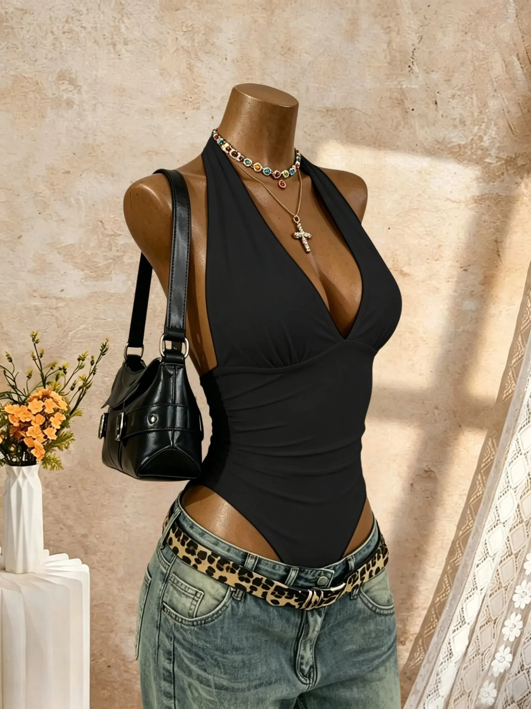 Γυναικείο κορμάκι Halter Deep V λαιμόκοψη μονόχρωμο αμάνικο μπλουζάκι μπροστινό λεπτή εφαρμογή Basic jumpsuit Tank Top — image 4