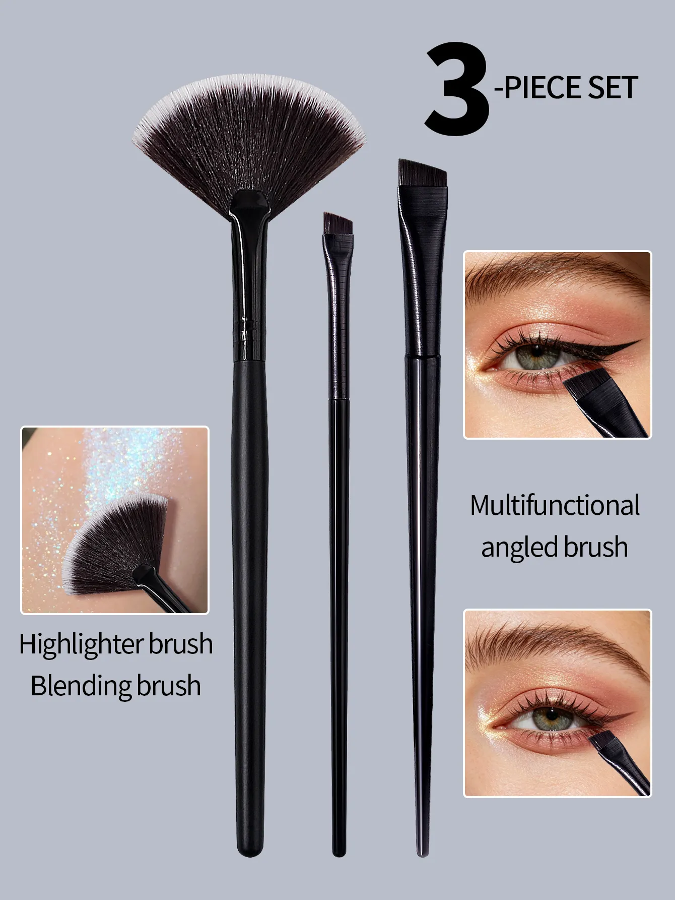 3PCS พัดลม Highlighter แปรงมุม Eyebrow Eyeliner แปรงแต่งหน้าชุดผมนุ่มสังเคราะห์ที่แม่นยำ Eye Face เครื่องสำอางค์แปรง — image 2