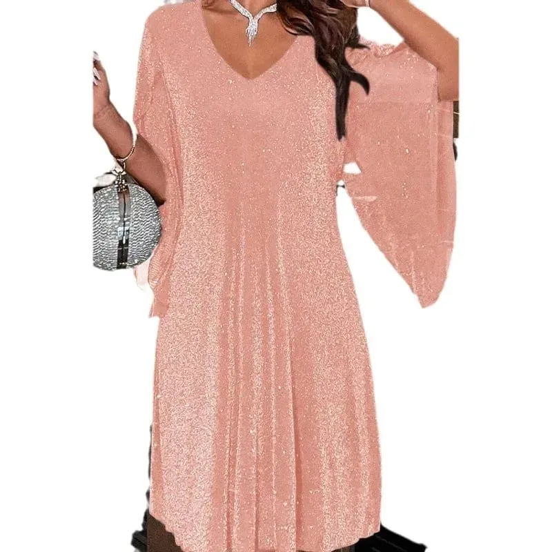 Heldere Sequin Jurken Vrouwen V-hals See Through Chiffon Patchwork Onregelmatige Halve Mouwen Losse Mini Jurk Vrouwelijke Vestidos 2024 — image 6