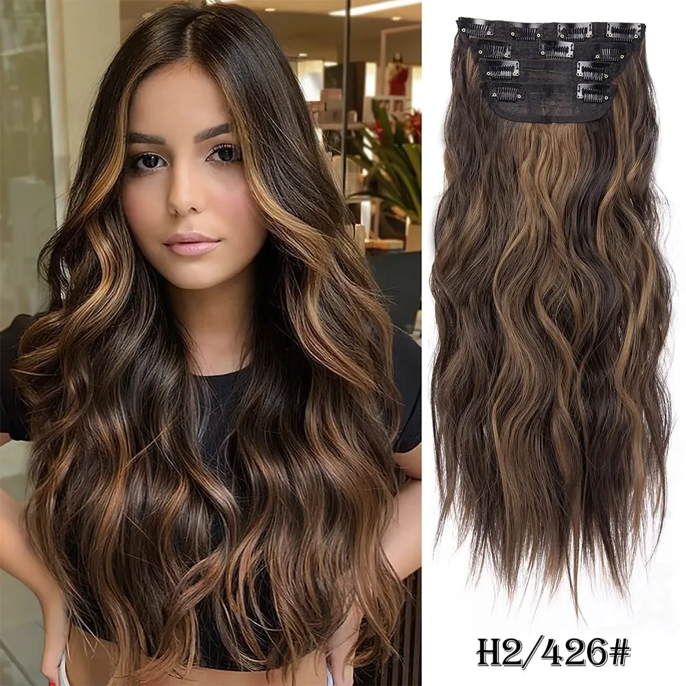Leeons gewellte Clip-in-Haarverlängerungen, 4 Stück, natürliche, weiche, lange, gewellte Haarteile, dicke Doppelschuss-Clip-in-Haarverlängerungen für Frauen — image 18